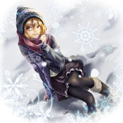 Rule 34 | 1girl, beanie, blonde hair, c&amp;l, cardigan, grin, hat, original, pantyhose, scarf, sitting, smile, snow, snowflakes, solo, winter, winter clothes, yellow eyes