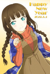 Rule 34 | 1girl, alternate hairstyle, artist name, artist request, black hair, blue scarf, blunt bangs, bracelet, braid, breasts, brown skirt, buttons, checkered clothes, checkered scarf, female focus, glasses, gold bracelet, green eyes, halloween, highres, holding, holding glasses, jewelry, kurosawa dia, long hair, long sleeves, looking at viewer, love live!, love live! school idol festival, love live! sunshine!!, low-braided long hair, low-tied long hair, miniskirt, mole, mole under mouth, nail, nail polish, new year, pink nails, plaid, plaid skirt, pleated, pleated skirt, red sweater, scarf, skirt, small breasts, solo, sweater, turtleneck, turtleneck sweater, twin braids, twintails