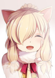 Rule 34 | 10s, 1girl, :d, ^ ^, alpaca ears, alpaca suri (kemono friends), animal ears, blonde hair, blush, closed eyes, commentary request, facing viewer, fur-trimmed sleeves, fur collar, fur trim, gradient background, hair over one eye, hair tie, hand on own cheek, hand on own face, happy, highres, kemono friends, long hair, long sleeves, open mouth, red ribbon, ribbon, sidelocks, smile, solo, upper body, white background, yasume yukito