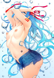 Rule 34 | 1girl, absurdres, arched back, armpits, arms up, blue eyes, blue hair, breasts, bubble, cowboy shot, denim, denim shorts, from side, hair ribbon, hatsune miku, highres, long hair, looking at viewer, mole, mole on breast, navel, nipples, number tattoo, pants, papino, ribbon, short shorts, shorts, shoulder tattoo, small breasts, solo, star tattoo, tattoo, topless, torn clothes, torn pants, very long hair, vocaloid
