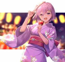 Rule 34 | 1girl, :d, alternate costume, blush, candy apple, fate/grand order, fate (series), food, hair ornament, hairclip, haru (hiyori-kohal), japanese clothes, kimono, long sleeves, looking at viewer, mash kyrielight, obi, open mouth, pink hair, purple eyes, sash, short hair, smile, solo, wide sleeves