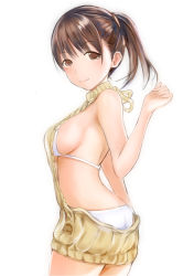 Rule 34 | 1girl, anegasaki nene, ass, backless dress, backless outfit, bad id, bad pixiv id, bikini, blush, breasts, brown hair, cowboy shot, dress, from behind, halterneck, long hair, looking at viewer, love plus, meme attire, mole, mole under eye, naked sweater, nannacy7, ponytail, sideboob, simple background, solo, sweater, sweater dress, swimsuit, underwear, virgin killer sweater, white background, white bikini