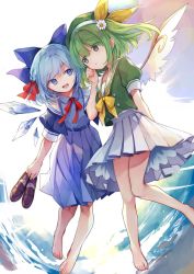 Rule 34 | 2girls, abstract background, alternate costume, alternate hairstyle, arm behind back, barefoot, blue bow, blue dress, blue eyes, blue hair, bow, bowtie, braid, buttons, cirno, closed mouth, commentary, daisy, daiyousei, dress, flower, green eyes, green hair, green headwear, green serafuku, hair bow, hair flower, hair ornament, hair ribbon, hand up, hat, hat ribbon, highres, holding, holding shoes, ice, ice wings, loafers, multiple girls, one side up, open mouth, petticoat, pleated skirt, puffy short sleeves, puffy sleeves, red ribbon, ribbon, risui (suzu rks), sailor collar, school uniform, serafuku, shoes, unworn shoes, short hair, short sleeves, sidelocks, skirt, smile, symbol-only commentary, touhou, white flower, white skirt, wing collar, wings, yellow bow, yellow ribbon