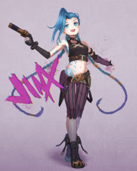 Rule 34 | 1girl, arcane: league of legends, arcane jinx, arm tattoo, asymmetrical bangs, blue hair, boots, braid, breasts, gloves, grey background, jinx (league of legends), league of legends, long hair, pants, shoulder tattoo, solo, striped clothes, striped pants, tattoo, torn clothes, twin braids, twintails, very long hair, weapons
