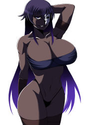 Rule 34 | 1girl, arm behind head, arm up, armpits, arms behind head, assassin (fate/zero), bandeau, bare shoulders, black panties, breasts, collarbone, cowboy shot, curvy, dark-skinned female, dark skin, fate/zero, fate (series), female assassin (fate/zero), female focus, g-string, grin, groin, hair between eyes, highleg, highleg panties, hikora, hip focus, huge breasts, long hair, looking at viewer, mask, midriff, naughty face, navel, panties, purple eyes, purple hair, simple background, smile, solo, standing, strapless, string panties, thighs, thong, tube top, underwear, white background, wide hips