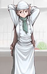 Rule 34 | 00s, 1girl, apron, arms behind head, arms up, ascot, bandana, blush, breasts, brown eyes, brown hair, cabbage, casual, chef, indoors, kitchen, large breasts, long hair, aged up, rozen maiden, scarf, sleeves rolled up, smile, solo, standing, suiseiseki, tsuda nanafushi, very long hair