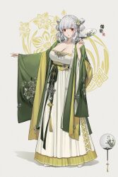 1girl absurdres alternate_costume alternate_hairstyle breasts chinese_clothes chinese_commentary chinese_knot cleavage commentary_request dress flower full_body girls&#039;_frontline green_jacket green_sash hair_flower hair_ornament hand_fan hanfu highres holding holding_fan jacket looking_at_viewer open_mouth panchang_knot paper_fan red_eyes sash simple_background skirt solo spas-12_(girls&#039;_frontline) standing terras waist_sash white_dress white_footwear white_hair wide_sleeves yaopei yellow_skirt