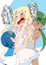 Rule 34 | 3girls, armpits, arms up, bare shoulders, blonde hair, blossom (gizen&#039;yasan), blue background, blue eyes, blue hair, blue sailor collar, blush, braid, closed eyes, closed mouth, collarbone, creatures (company), dark-skinned female, dark skin, dress, female focus, flat chest, from behind, game freak, green eyes, green hair, hairband, half-closed eyes, happy, highres, japanese text, lana (pokemon), laughing, lillie (pokemon), long hair, looking at another, looking up, mallow (pokemon), matching hair/eyes, motion lines, multiple girls, nintendo, outline, overalls, pink shirt, pokemon, pokemon sm, restrained, sailor collar, shirt, short hair, simple background, sleeveless, sleeveless dress, sleeveless shirt, smile, speech bubble, standing, swept bangs, tears, tickling, translation request, twin braids, twintails, two-tone background, white dress, white outline, white shirt, yellow hairband