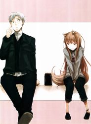 Rule 34 | 00s, 1boy, 1girl, absurdres, animal ears, anklet, ayakura juu, blush, brown hair, couple, craft lawrence, hetero, highres, holo, jacket, jar, jewelry, long hair, pouch, red eyes, short hair, silver hair, sitting, smile, spice and wolf, sweat, tail, wolf ears, wolf tail
