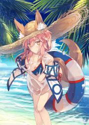 Rule 34 | 1girl, animal ear fluff, animal ears, beach, bikini, blue bikini, blush, breasts, cloud, commentary request, day, ears through headwear, fate/grand order, fate (series), fox ears, fox girl, fox tail, hair between eyes, hair tie, hat, highres, holding, innertube, large breasts, long hair, looking at viewer, low ponytail, nagishiro mito, ocean, outdoors, palm tree, pink hair, see-through, shirt, sidelocks, sky, solo, standing, straw hat, swim ring, swimsuit, tail, tamamo (fate), tamamo no mae (fate/extra), tamamo no mae (swimsuit lancer) (fate), tamamo no mae (swimsuit lancer) (second ascension) (fate), tree, wet, wet clothes, wet shirt, yellow eyes