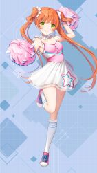 Rule 34 | 1girl, blue background, blue ribbon, blush, breasts, brown hair, cheerleader, choker, cleavage, closed mouth, collarbone, floating hair, frilled socks, frills, full body, girl cafe gun, green eyes, hair ornament, highres, kinako (shiratama mochi), kneehighs, long hair, looking at viewer, miniskirt, pink footwear, pleated skirt, pom pom (cheerleading), ribbon, rococo (girl cafe gun), skirt, sleeveless, small breasts, smile, socks, solo, standing, twintails, two side up, very long hair, white choker, white skirt, white socks