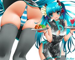 Rule 34 | 1girl, aqua eyes, aqua hair, china dress, chinese clothes, cup, dr rex, dress, drinking glass, flower, from below, hair flower, hair ornament, hatsune miku, looking at viewer, multiple views, panties, simple background, standing, striped clothes, striped panties, thighhighs, tray, twintails, underwear, upskirt, vocaloid, wine glass
