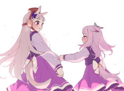 Rule 34 | 2girls, age difference, aged down, animal ears, aqua bow, blunt bangs, blush, bow, child, clothes grab, clothing cutout, commentary, cowboy shot, ear bow, ears down, frilled skirt, frills, ggubii0225, gold ship (umamusume), grey hair, headgear, horse ears, horse girl, horse tail, jaggy lines, korean commentary, light particles, long hair, long sleeves, looking down, mejiro mcqueen (umamusume), multiple girls, onee-loli, pillbox hat, pleated skirt, pout, purple bow, purple eyes, purple hair, purple sailor collar, purple shirt, purple skirt, red eyes, sailor collar, sailor shirt, school uniform, shirt, short eyebrows, skirt, sleeve grab, tail, tail bow, tail ornament, tail through clothes, thick eyebrows, tracen school uniform, umamusume, white background, white bow, winter uniform, yuri