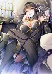 Rule 34 | 1girl, alcohol, bare shoulders, black dress, black thighhighs, blush, breasts, bridal gauntlets, brown hair, chain, cleavage, cup, detached sleeves, dress, drinking glass, fate/apocrypha, fate (series), fur trim, gold trim, grin, highres, large breasts, len (hand linke), long hair, looking at viewer, pointy ears, semiramis (fate), sidelocks, sitting, smile, solo, spikes, thighhighs, very long hair, wine, wine glass, yellow eyes