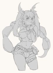 Rule 34 | 1futa, arknights, arm behind back, belt, belt buckle, blunt bangs, buckle, bulge, choker, commentary, covering own mouth, cowboy shot, dog tags, earrings, english commentary, fingerless gloves, futanari, gloves, greyscale, hair ornament, hairclip, head wings, heart, highres, holding, holding letter, jewelry, knifedragon, letter, long hair, looking at viewer, manticore (arknights), midriff, monochrome, monster girl, navel, nipple bar, nipple piercing, nipples, piercing, pointy ears, scorpion tail, see-through, see-through shirt, shirt, short shorts, shorts, sidelocks, sleeveless, sleeveless shirt, solo, standing, tail, thigh strap, twintails, white background, wings