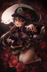 Rule 34 | 1girl, :d, absurdres, artist name, black nails, black shorts, brown hair, chinese clothes, collared shirt, flower, flower-shaped pupils, genshin impact, ghost, ghost pose, hat, hat flower, highres, hu tao (genshin impact), jewelry, legs up, looking at viewer, meltyrice, nail polish, open mouth, porkpie hat, red eyes, ring, shirt, shoes, shorts, smile, socks, solo, symbol-shaped pupils, twintails, white socks