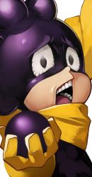 Rule 34 | 1boy, absurdres, black eyes, bodysuit, boku no hero academia, grey background, highres, holding, looking at viewer, mask, mineta minoru, open mouth, scarf, shiny clothes, simple background, solo, teeth, yellow scarf, yoshio (55level)