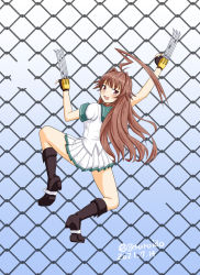 Rule 34 | 1girl, ahoge, black footwear, black gloves, boots, brown eyes, brown hair, chain-link fence, claw (weapon), climbing, commentary request, dated, fence, from behind, geru, gloves, green sailor collar, huge ahoge, kantai collection, kuma (kancolle), long hair, looking at viewer, one-hour drawing challenge, pleated skirt, sailor collar, sailor shirt, school uniform, serafuku, shirt, short sleeves, skirt, solo, twitter username, weapon, white shirt, white skirt