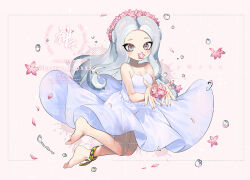 Rule 34 | 1girl, artist name, barefoot, blush, breasts, commentary, commission, curtained hair, dress, flower, grey eyes, grey hair, head wreath, jinkobanana, long hair, looking at viewer, medium breasts, nintendo, octoling, octoling girl, octoling player character, petals, pink background, purple dress, sample watermark, solo, splatoon (series), symbol-only commentary, watermark