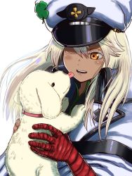 Rule 34 | 1girl, bad id, bad pixiv id, clover, colored eyelashes, dark-skinned female, dark skin, dog, four-leaf clover, guilty gear, guilty gear strive, hair between eyes, hat, highres, licking, licking another&#039;s face, magehound, puppy, ramlethal valentine, silver hair, tawashi (pixiv34771802), user amdz8785, yellow eyes