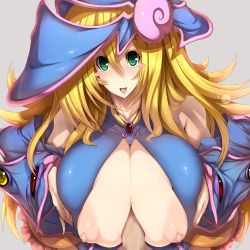 Rule 34 | 1girl, blonde hair, blush stickers, breasts, cleavage, dark magician girl, duel monster, green eyes, grey background, hat, highres, huge breasts, long hair, looking at viewer, nipples, paizuri, penis, perpendicular paizuri, pov, puffy nipples, quality, smile, tsukasawa takamatsu, uncensored, witch hat, yu-gi-oh!, yu-gi-oh! duel monsters