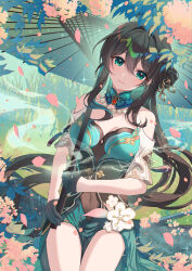 Rule 34 | 1girl, absurdres, aqua eyes, bare shoulders, black gloves, black hair, blue dress, blush, bodystocking, breasts, cherry blossoms, chinese clothes, closed mouth, collarbone, covered navel, detached collar, dress, flower, gem, gloves, gold trim, grass, hair between eyes, hair bun, hair ornament, hair stick, hand up, highres, holding, holding umbrella, honkai: star rail, honkai (series), jewelry, leaf, long hair, long sleeves, looking at viewer, medium breasts, necklace, necktie, off shoulder, oil-paper umbrella, outdoors, pearl necklace, petals, pink flower, red gemstone, ruan mei (honkai: star rail), sidelocks, sitting, smile, solo, tassel, umbrella, user tema8258, white flower, wide sleeves