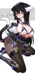 Rule 34 | 1girl, animal ears, black hair, black thighhighs, breasts, cat tail, elbow gloves, glasses, gloves, highres, large breasts, long hair, mamuru, open mouth, original, red eyes, single glove, solo, tail, thighhighs, very long hair