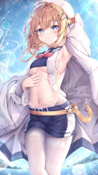 Rule 34 | 1girl, anchor hair ornament, armpits, azur lane, blonde hair, blue eyes, blue shorts, breasts, chinese commentary, cloak, closed mouth, hair ornament, highres, horizon, looking at viewer, manman manyou haiyang de paomo, navel, ocean, pantyhose, shorts, sidelocks, sky, small breasts, solo, spread legs, standing, stephen potter (azur lane), stomach, thighs, underboob, white cloak, white headwear, white pantyhose