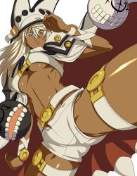 Rule 34 | 1girl, abs, armlet, belt, belt bra, blonde hair, breasts, brown eyes, cape, capelet, coat, crotch seam, dark-skinned female, dark skin, dual wielding, from below, guilty gear, guilty gear xrd, hat, holding, ippo, jpeg artifacts, looking at viewer, looking down, lucifero (guilty gear), md5 mismatch, monster, ramlethal valentine, resized, resolution mismatch, serious, short shorts, shorts, solo, source larger, spread legs, teeth, toned, underboob, white background, white hair, yellow eyes