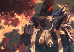 Rule 34 | 1boy, absurdres, arknights, ascot, autumn, autumn leaves, black gloves, black headwear, falling leaves, from above, gloves, highres, leaf, long hair, looking up, male focus, mask, mouth mask, red eyes, shanguisantai, solo, ulpianus (arknights), upper body, white hair