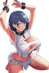 Rule 34 | 1girl, absurdres, armpits, arms up, azur lane, bare legs, barefoot, blue eyes, blue hair, blush, bound, bound arms, breasts, chain, chained, chapayev (azur lane), chapayev (the captive cavalier) (azur lane), cleavage, collar, commentary request, cuffs, groin, highres, hsh thx, kneeling, large breasts, mole, mole on breast, navel, shackles, shirt, short hair, short sleeves, simple background, skirt, solo, swept bangs, tearing up, tears, torn clothes, torn shirt, torn skirt, white background, white shirt, white skirt