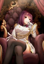 Rule 34 | 1girl, aiguillette, black skirt, black thighhighs, blush, breasts, closed mouth, crossed legs, epaulettes, fate/grand order, fate (series), feet out of frame, gloves, gold trim, hand on own face, hand up, head tilt, highres, large breasts, long hair, long sleeves, looking at viewer, microskirt, military, military uniform, official alternate costume, outstretched hand, pleated skirt, purple hair, red eyes, scathach (fate), scathach (makyou sergeant) (fate), shoron, sitting, skirt, smile, smug, solo, spread fingers, thighhighs, throne, uniform, white gloves
