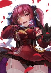 Rule 34 | 1girl, akieda, bare shoulders, black gloves, bow, bowtie, breasts, detached sleeves, garter belt, gloves, gold trim, hair ribbon, heterochromia, highleg, highres, hololive, houshou marine, large breasts, long hair, long sleeves, looking at viewer, open mouth, red eyes, red hair, red vest, ribbon, sitting, solo, thighhighs, thighs, twintails, underbust, very long hair, vest, virtual youtuber, white thighhighs, yellow eyes