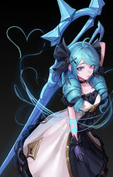 Rule 34 | 1girl, absurdres, black background, black bow, black dress, black ribbon, blue eyes, blue hair, bow, commentary, cowboy shot, dress, drill hair, gloves, gwen (league of legends), hair ornament, hair ribbon, highres, holding, holding scissors, holding weapon, league of legends, long hair, looking at viewer, mac star, mismatched pupils, purple gloves, ribbon, scissors, short sleeves, solo, twin drills, two-tone dress, weapon, white dress, x hair ornament