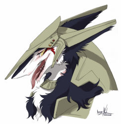 Rule 34 | 1girl, armor, close-up, fangs, female focus, furry, furry female, long tongue, multicolored hair, open mouth, rain silves, sergal, simple background, solo, tongue, tongue out, trancy mick, white background, yellow eyes