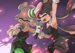 Rule 34 | + +, 2girls, arm up, armpits, bare shoulders, black dress, black hair, brown eyes, callie (splatoon), closed eyes, collar, commentary, cousins, detached collar, dress, earrings, english commentary, fangs, folded ponytail, food, food on head, gloves, gomipomi, green pantyhose, holding, holding microphone, inkling, jewelry, leaning forward, light particles, long hair, looking to the side, low twintails, marie (splatoon), microphone, mole, mole under eye, multiple girls, nintendo, object on head, open mouth, pantyhose, pinky out, pointy ears, purple pantyhose, short dress, short hair, short jumpsuit, smile, splatoon (series), splatoon 1, standing, strapless, strapless dress, sushi, sweat, swept bangs, tentacle hair, twintails, white collar, white gloves, wing collar