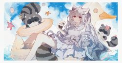 Rule 34 | 1girl, ahoge, animal, animal ears, bad id, bad pixiv id, bare shoulders, bow, commission, dress, drinking, grey dress, grey hair, hair ornament, hairclip, highres, innertube, leopard tail, leopon (animal), long hair, looking at viewer, ocean, original, pixiv commission, qianqianjie, red eyes, swim ring, tail, virtual youtuber