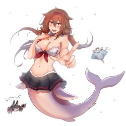 Rule 34 | breasts, brown hair, crab, edwin (cyberdark impacts), hair flaps, hairband, hand on own chest, highres, index finger raised, kantai collection, long hair, manta ray, medium breasts, mermaid, monster girl, shigure (kancolle), shiratsuyu (kancolle), simple background, solo, twintails, yuudachi (kancolle)
