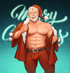 Rule 34 | 1boy, :p, abs, bad id, bad pixiv id, bara, bare pectorals, beard, bulge, cerberus arts, christmas, facial hair, feet out of frame, fur-trimmed jacket, fur trim, highres, hogen (housamo), horns, jacket, large pectorals, looking at viewer, male focus, mature male, merry christmas, muscular, muscular male, mustache, navel, nipples, old, old man, open clothes, open jacket, pants, pectorals, red jacket, red pants, seductive smile, short hair, single horn, smile, solo, stomach, thick thighs, thighs, tokyo houkago summoners, tongue, tongue out, undressing, yellow eyes
