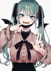 Rule 34 | 1girl, :d, absurdres, artist name, bandaid, bandaid on neck, bizet, black nails, black ribbon, black skirt, center frills, character request, check character, choker, commentary, detached wings, earrings, fangs, frills, hair ribbon, hands up, hatsune miku, heart o-ring, highres, jewelry, long hair, long sleeves, looking at viewer, mask, mouth mask, nail polish, open mouth, red ribbon, ribbon, ring, simple background, skirt, smile, solo, symbol-only commentary, twintails, upper body, vocaloid, white background, wings