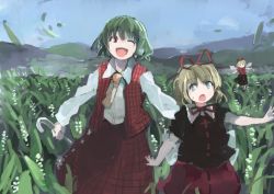 Rule 34 | 2girls, ascot, bad id, bad twitter id, blonde hair, blue eyes, bow, day, fairy, fairy wings, field, flower, flower field, green hair, hair ornament, hair ribbon, ichiba youichi, kazami yuuka, lily of the valley, long sleeves, looking at another, medicine melancholy, multiple girls, one eye closed, open mouth, parasol, plaid, plaid skirt, plaid vest, puffy sleeves, red eyes, ribbon, shirt, short hair, short sleeves, skirt, sky, smile, su-san, sweatdrop, touhou, umbrella, vest, wings