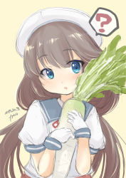Rule 34 | 1girl, ?, artist name, blue eyes, blue sailor collar, brown hair, daikon, dated, fyuo, gloves, hat, highres, kantai collection, long hair, looking at viewer, low twintails, mikura (kancolle), puffy short sleeves, puffy sleeves, radish, red skirt, sailor collar, sailor hat, sailor shirt, shirt, short sleeves, simple background, skirt, solo, spoken question mark, twintails, undershirt, upper body, white gloves, white hat, white shirt, yellow background