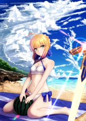 Rule 34 | 1girl, ahoge, artoria pendragon (all), artoria pendragon (fate), artoria pendragon (swimsuit archer) (fate), artoria pendragon (swimsuit archer) (first ascension) (fate), bad id, bad pixiv id, bare shoulders, beach, beach towel, bikini, blonde hair, blush, breasts, cleavage, cloud, day, excalibur (fate/stay night), fate/grand order, fate/stay night, fate (series), food, fruit, green eyes, groin, hair ribbon, highres, kuwahara taiki, looking at viewer, navel, ocean, outdoors, planted, planted sword, planted weapon, ribbon, saber (fate), short hair, sitting, sky, small breasts, smile, solo, swimsuit, sword, towel, wariza, water, watermelon, weapon, white bikini