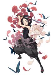 Rule 34 | 1girl, :o, arms up, bare shoulders, black eyes, black hair, black legwear, bow, bug, butterfly, eyebrows, fighting stance, flower, full body, grey bow, hair flower, hair ornament, hairband, highres, holding, holding sword, holding weapon, insect, katana, looking at viewer, official art, petals, princess principal, princess principal game of mission, sandals, scabbard, sheath, short hair, sleeveless, solo, standing, sword, toudou chise, transparent background, weapon