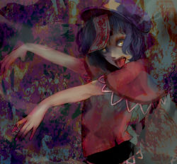 Rule 34 | 1girl, blood, blue hair, fangs, female focus, hat, highres, meeeeeji, meiji (charisma serve), miyako yoshika, ofuda, open mouth, outstretched arms, short hair, solo, tongue, tongue out, touhou, yellow eyes, zombie pose