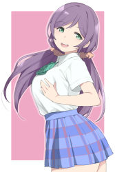 Rule 34 | 1girl, :d, blue skirt, duke (inu daimyou), green eyes, hair ornament, hair scrunchie, long hair, looking at viewer, love live!, love live! school idol project, low twintails, open mouth, pink scrunchie, plaid, plaid skirt, purple hair, school uniform, scrunchie, shirt, short sleeves, skirt, smile, solo, teeth, thighs, tojo nozomi, twintails, upper teeth only, white shirt