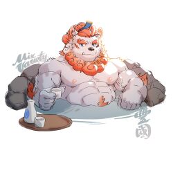 Rule 34 | 1boy, abs, artist name, bara, blue eyes, bottle, chinese text, choko (cup), claws, commentary, cup, english commentary, fang, fang out, furry, furry male, highres, komainu boy, komainu ears, looking at viewer, male focus, mixvariety, muscular, muscular male, nipples, onsen, pectorals, ponytail, sake bottle, sdorica, topless male, toyokuni (sdorica), translation request, upper body, white background