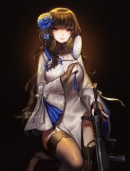 Rule 34 | 1girl, alternate hairstyle, assault rifle, black gloves, black hair, black thighhighs, blue flower, blush, breasts, bridal gauntlets, bullpup, china dress, chinese clothes, commentary, cowboy shot, dark background, dress, english commentary, flower, full body, garter straps, girls&#039; frontline, gloves, gun, hair flower, hair ornament, hairband, hand fan, holding, holding fan, large breasts, long hair, long sleeves, looking at viewer, mole, mole under eye, official alternate costume, paper fan, pelvic curtain, qbz-95, ribbon, rifle, single sidelock, sitting, smile, solo, terupancake, thighhighs, twitter username, type 95 (girls&#039; frontline), type 95 (narcissus) (girls&#039; frontline), uchiwa, very long hair, wavy hair, weapon, white dress, white ribbon, white sleeves, wide sleeves, yellow eyes
