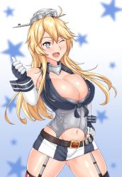 Rule 34 | 1girl, ahoge, asymmetrical legwear, belt, blonde hair, blue background, blue eyes, blush, breasts, brown belt, cleavage, collarbone, cowboy shot, elbow gloves, fingerless gloves, front-tie top, garter straps, gloves, gluteal fold, hand on own hip, hiballista, highres, iowa (kancolle), kantai collection, large breasts, long hair, looking at viewer, miniskirt, mismatched legwear, navel, one eye closed, open mouth, skindentation, skirt, solo, star-shaped pupils, star (symbol), starry background, striped clothes, striped skirt, striped thighhighs, symbol-shaped pupils, thighhighs, thighs, thumbs up, upper body, vertical-striped clothes, vertical-striped skirt, vertical-striped thighhighs
