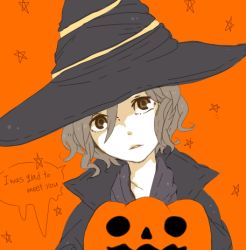 Rule 34 | 1girl, beatrice (umineko), brown eyes, brown hair, dark souls (series), dark souls i, english text, from software, hat, jack-o&#039;-lantern, lowres, orange background, pumpkin, short hair, solo, witch, witch beatrice, witch hat